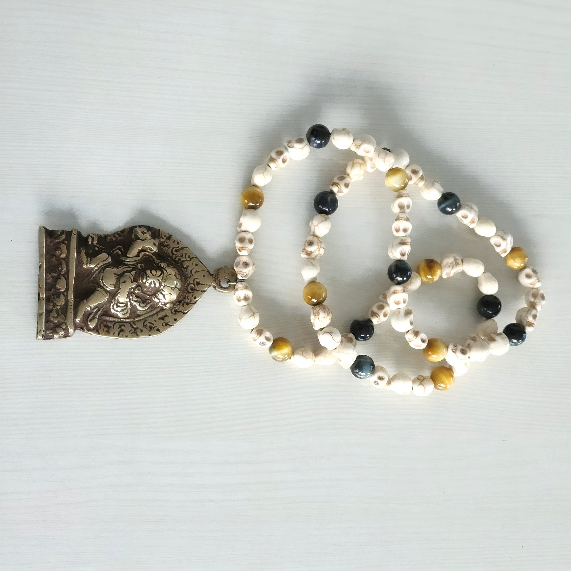 Vintage Bhairav Pendant Skull & Tiger Eye Mala
