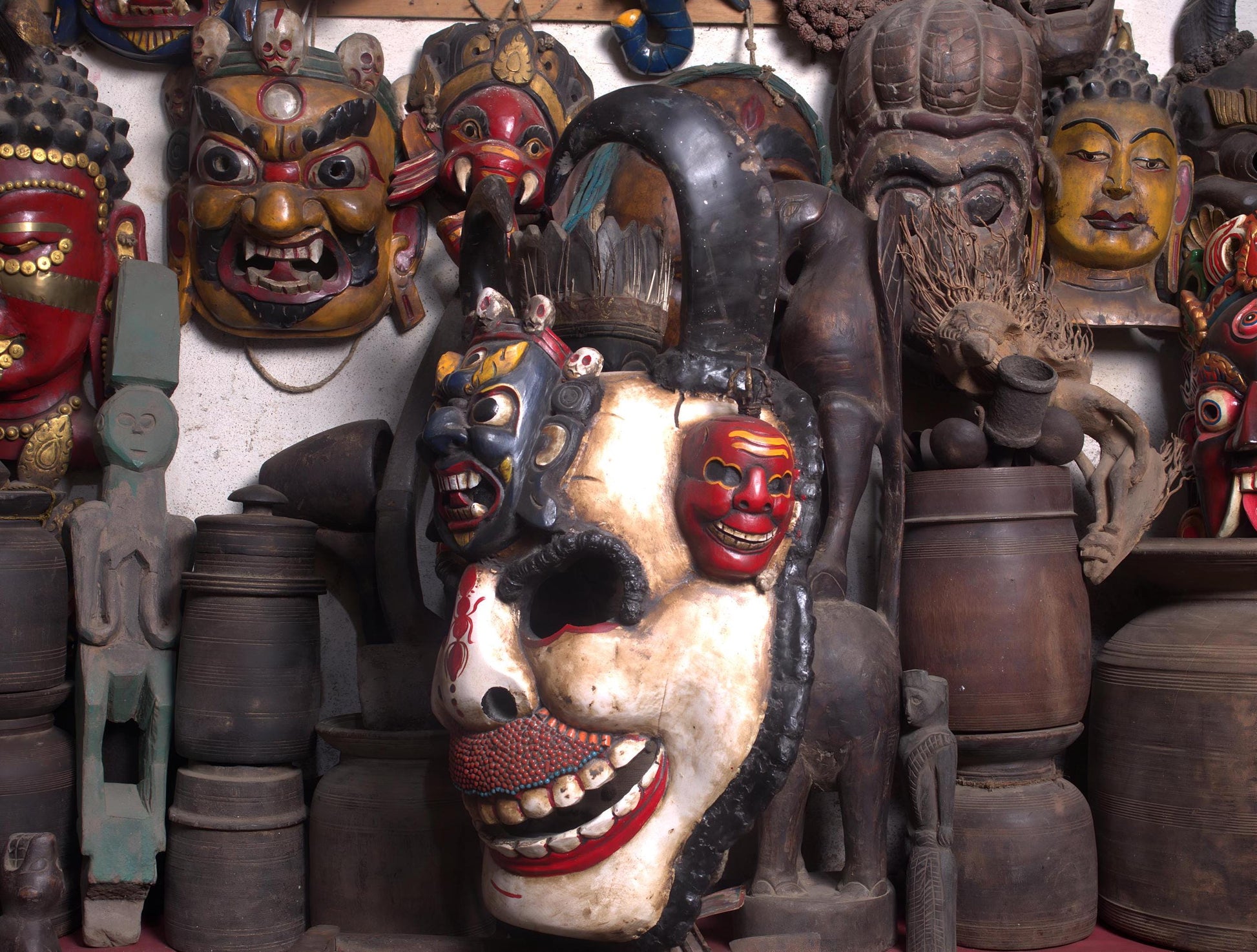 White Demon Skull Mask Tibetan Hand Carved Art With Buffalo Horns