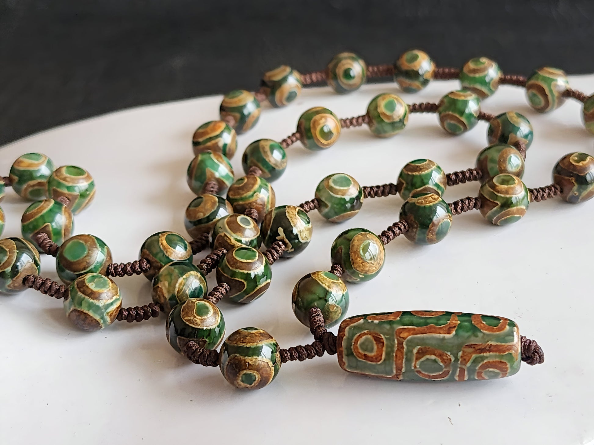 Tibetan 9 Eye Dzi Beads Necklace And Bracelet Set- Nine Eye Good Luck Mala - Yin & Yang Protection Bead Mala - Spiritual Gift For Well-Being