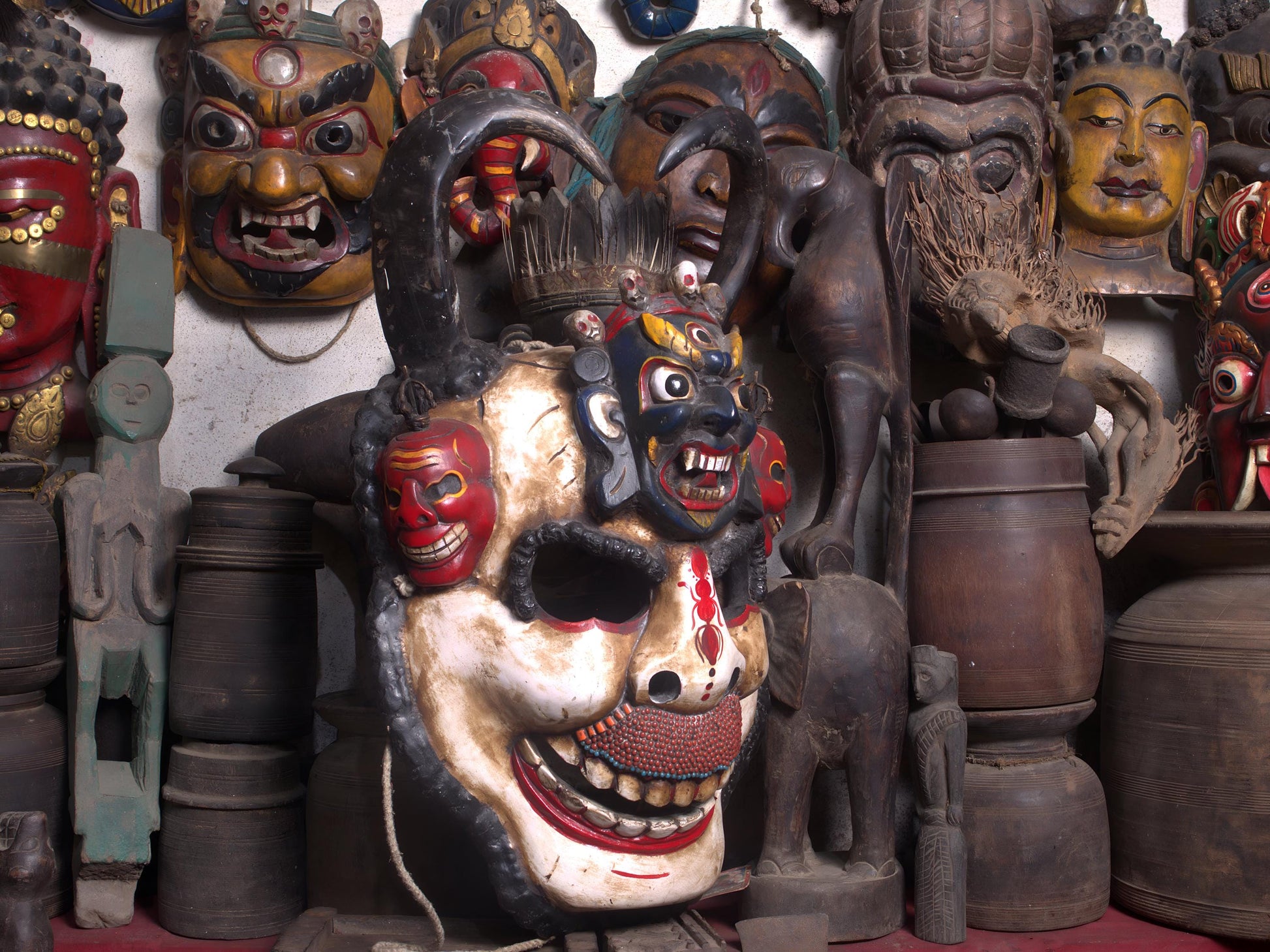 White Demon Skull Mask Tibetan Hand Carved Art With Buffalo Horns