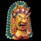 Colorful vairav mask with intricate designs on a black background