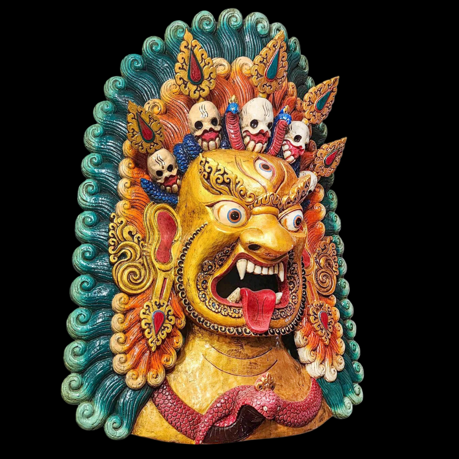 Colorful vairav mask with intricate designs on a black background
