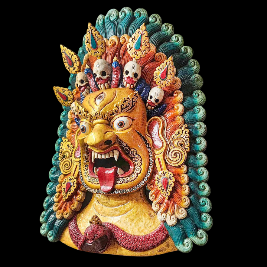 Colorful mask with intricate designs on a black background