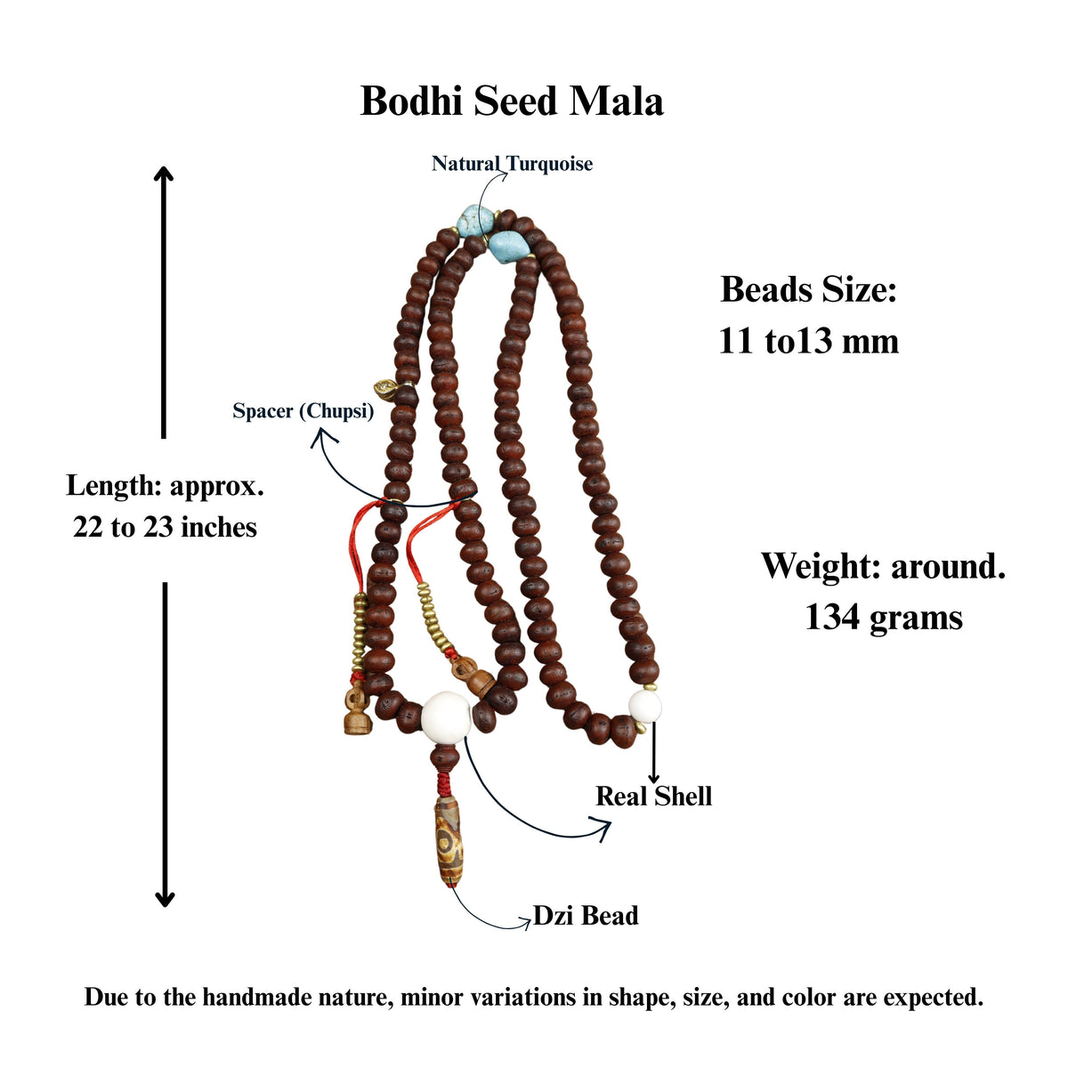 Bodhi Chitta Mala Tibetan Prayer Beads With Sankha Shell, Natural Dzi, Turquoise