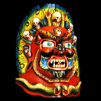 Colorful mask of Kaal bhairav with intricate designs on a black background