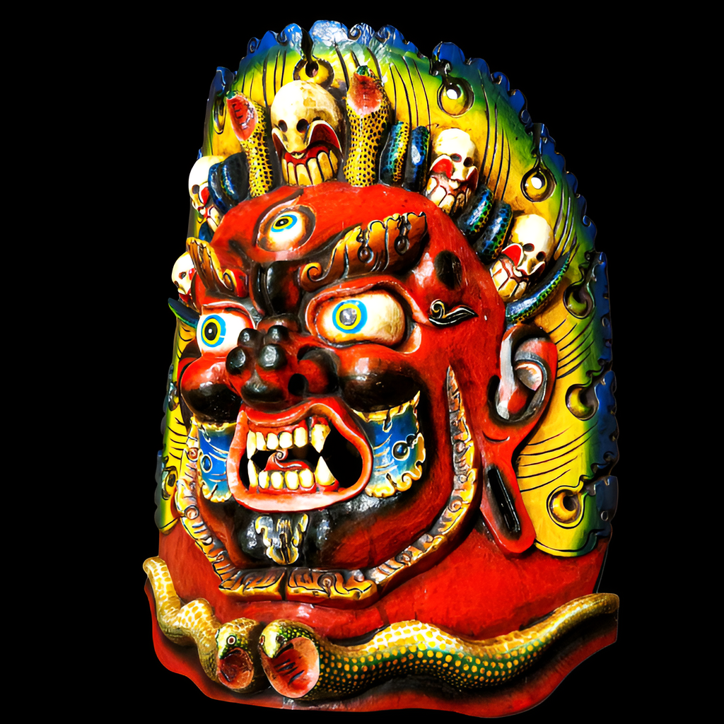 Colorful Kal bhairav mask with intricate designs on a black background