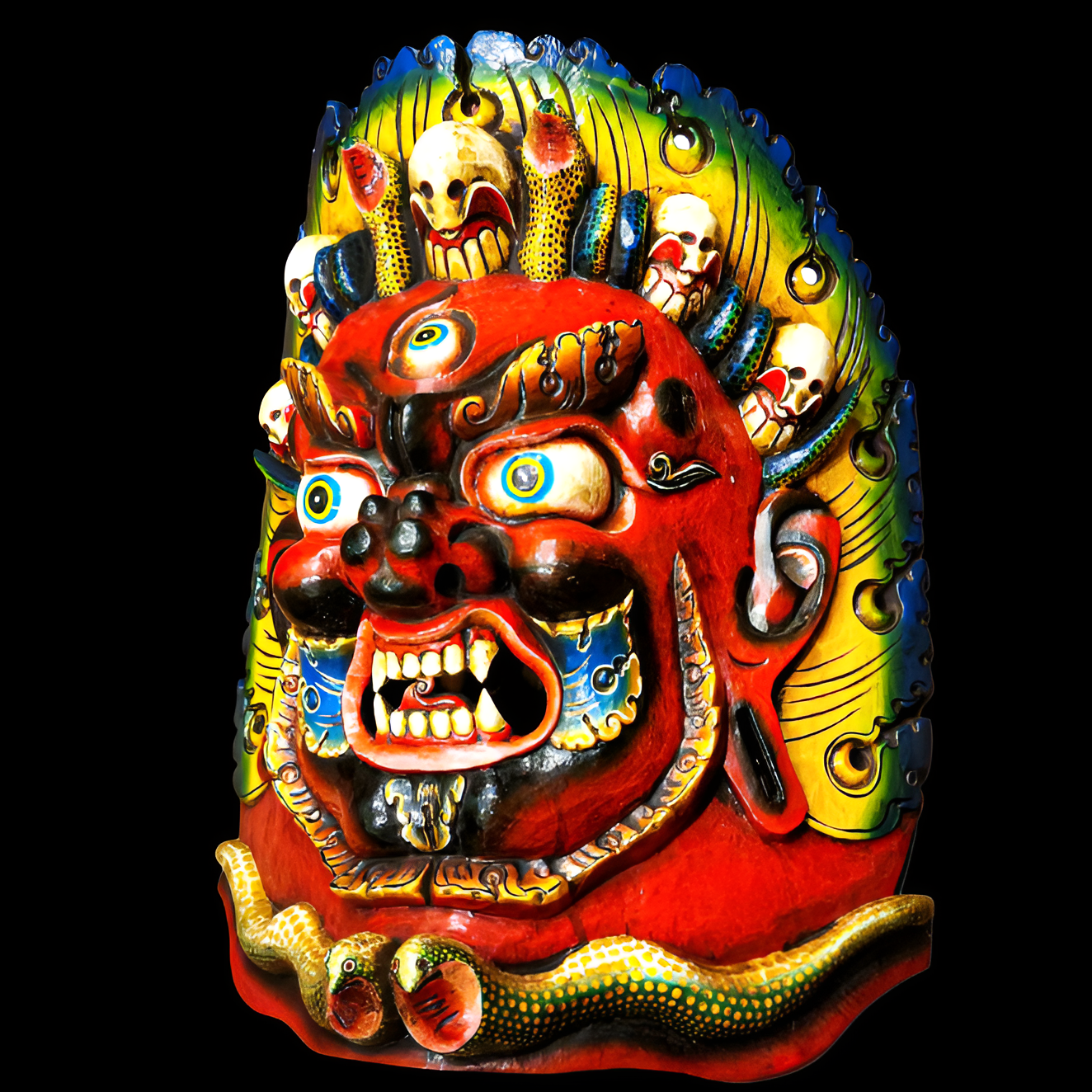Colorful Kal bhairav mask with intricate designs on a black background