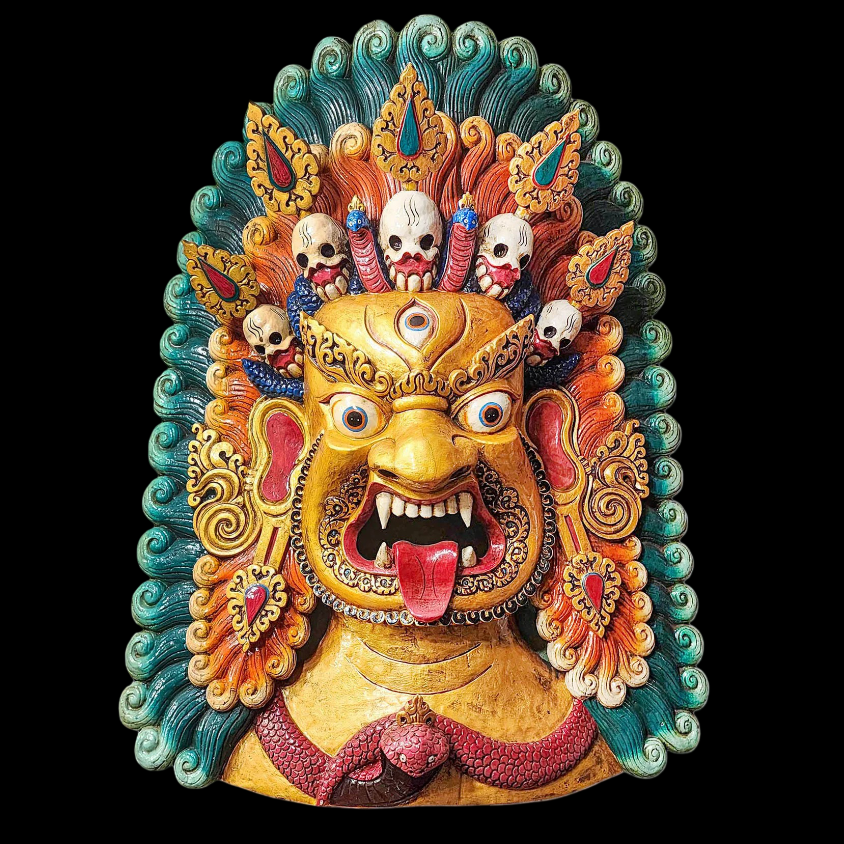 Colorful mask with intricate design on a black background