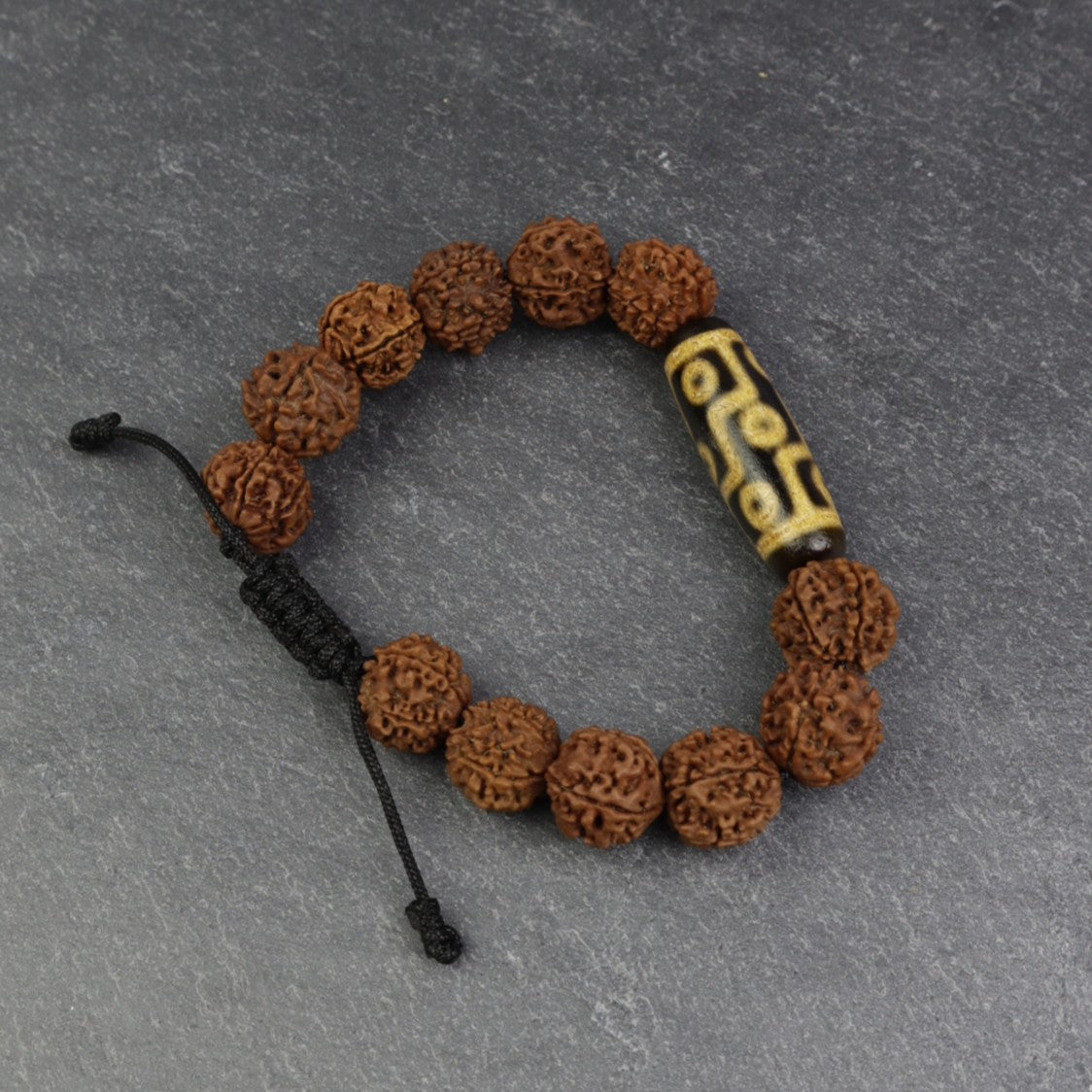 Dzi Rudraksha Bracelet, Tibetan Dzi & Nepali 5 Face Rudraksha