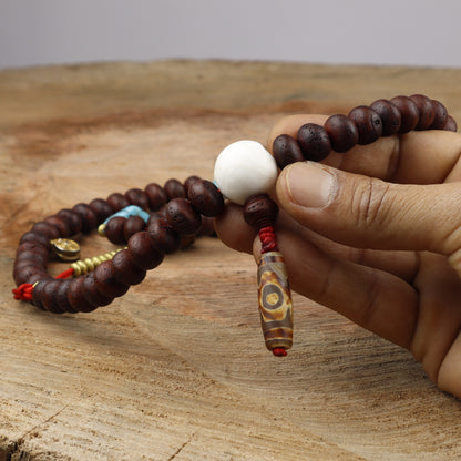 Bodhi Chitta Mala Tibetan Prayer Beads With Sankha Shell, Natural Dzi, Turquoise