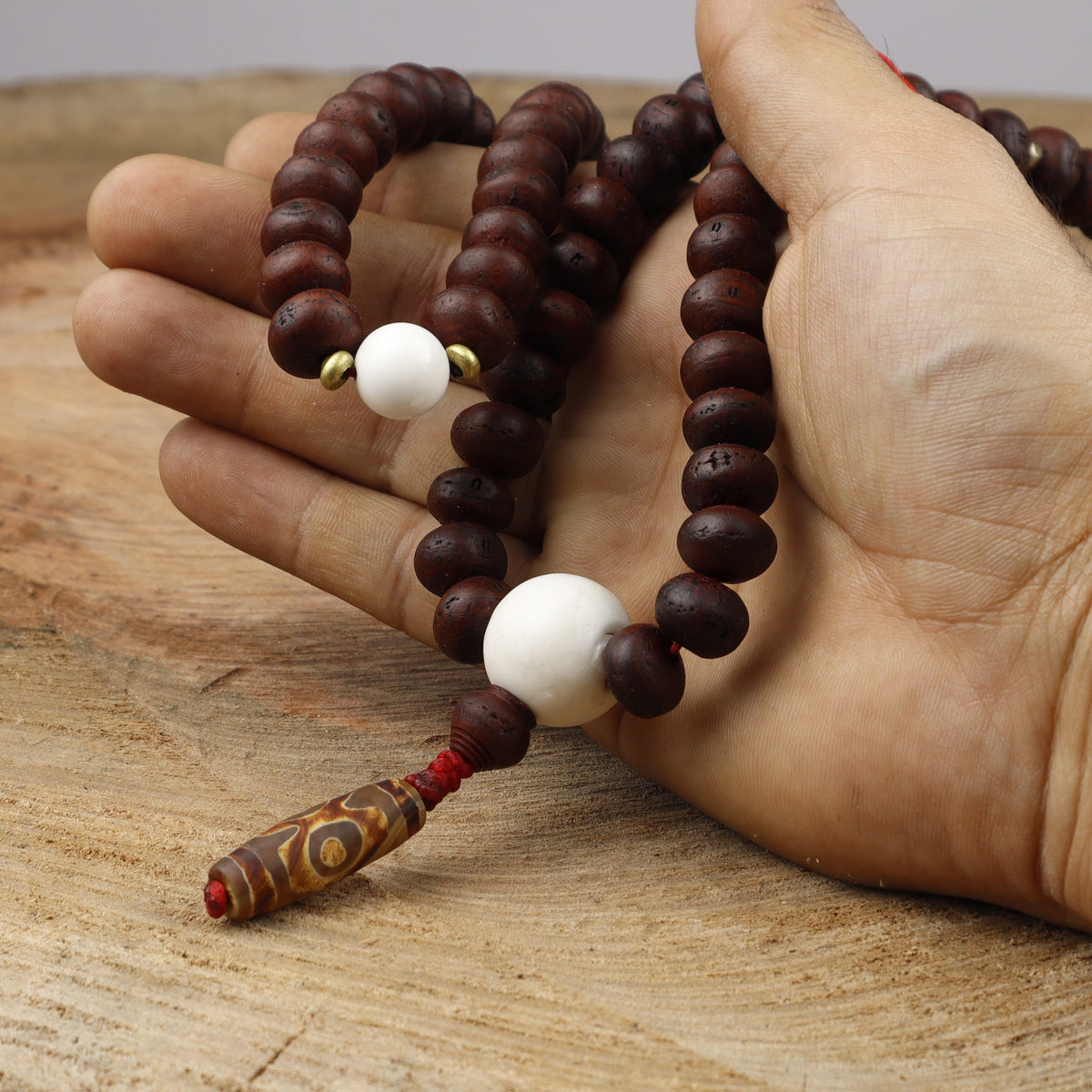 Bodhi Chitta Mala Tibetan Prayer Beads With Sankha Shell, Natural Dzi, Turquoise