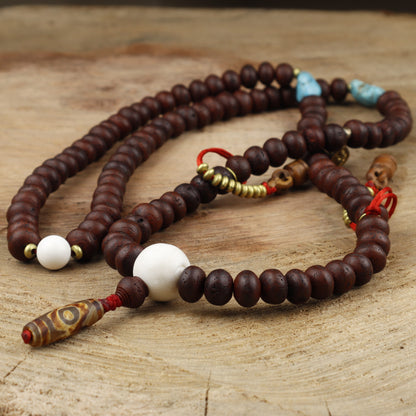 Bodhi Chitta Mala Tibetan Prayer Beads With Sankha Shell, Natural Dzi, Turquoise