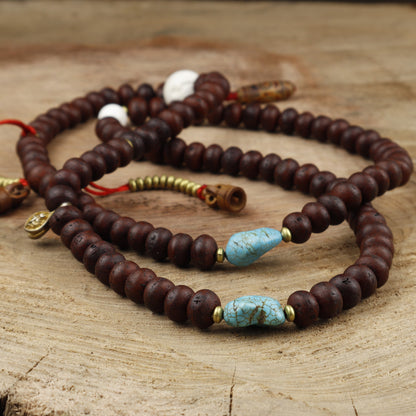 Bodhi Chitta Mala Tibetan Prayer Beads With Sankha Shell, Natural Dzi, Turquoise