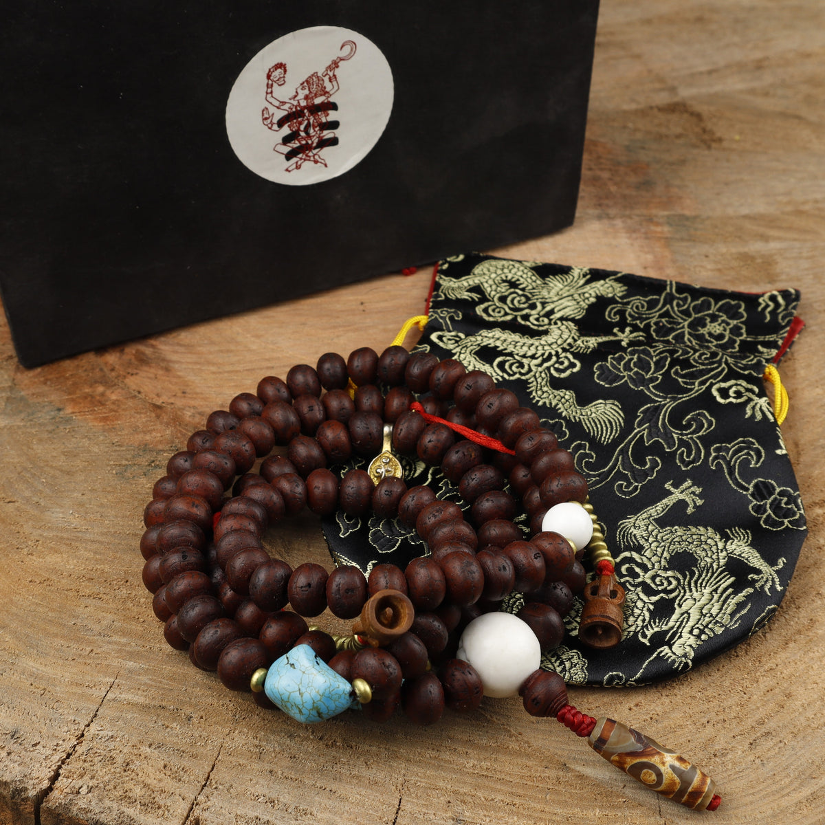 Bodhi Chitta Mala Tibetan Prayer Beads With Sankha Shell, Natural Dzi, Turquoise