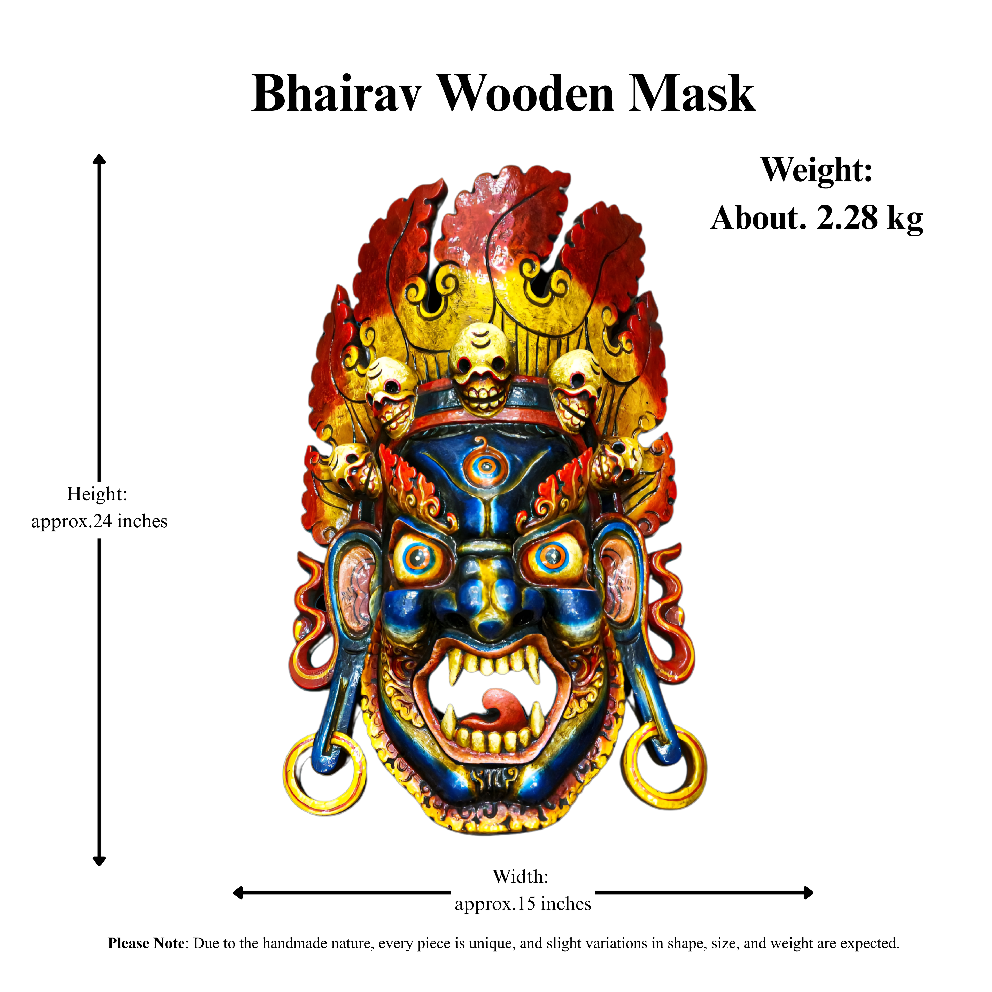 Bhairav Wooden Mask, Hand-Carved Wall Hanging, Traditional Painted, Nepali Handmade