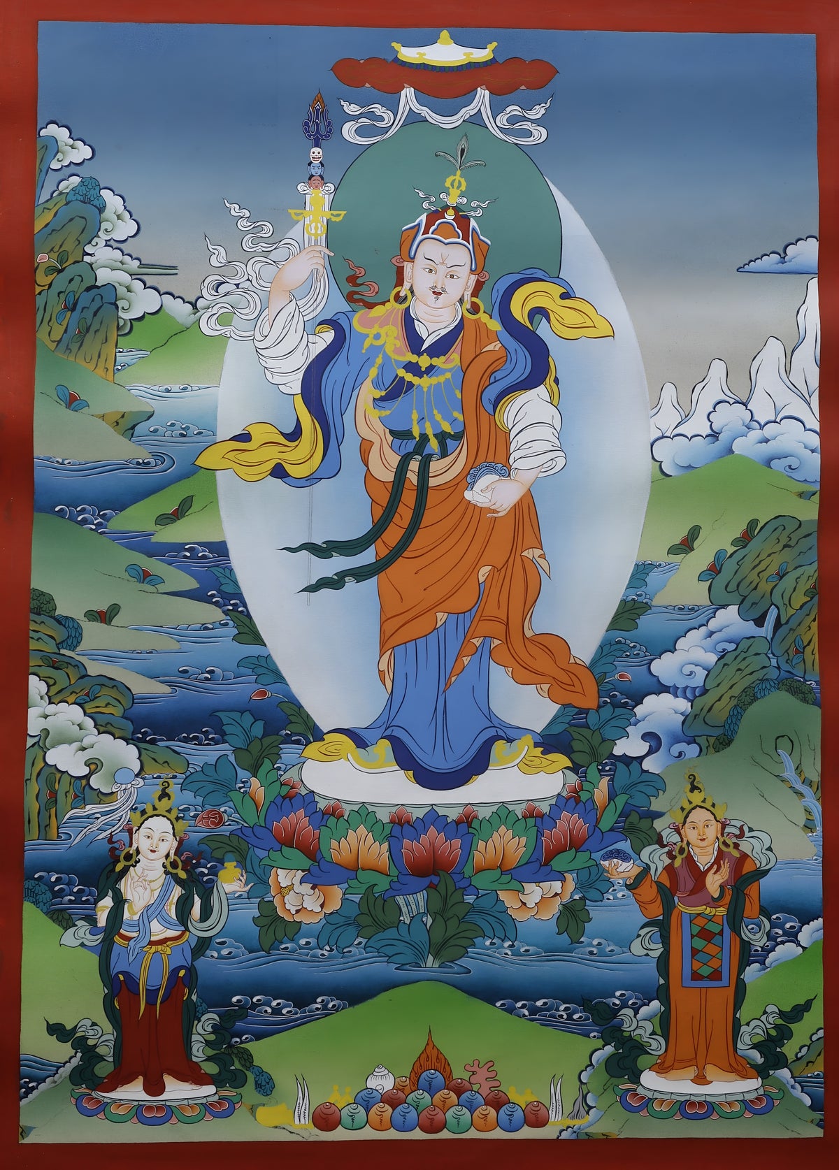 Guru Rinpoche Thangka, Lotus Born Master With Wisdom Dakinis