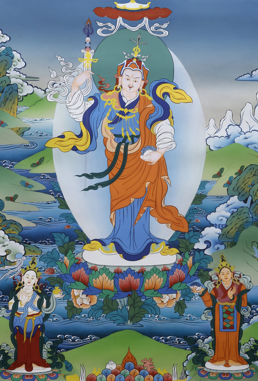 Guru Rinpoche Thangka, Lotus Born Master With Wisdom Dakinis