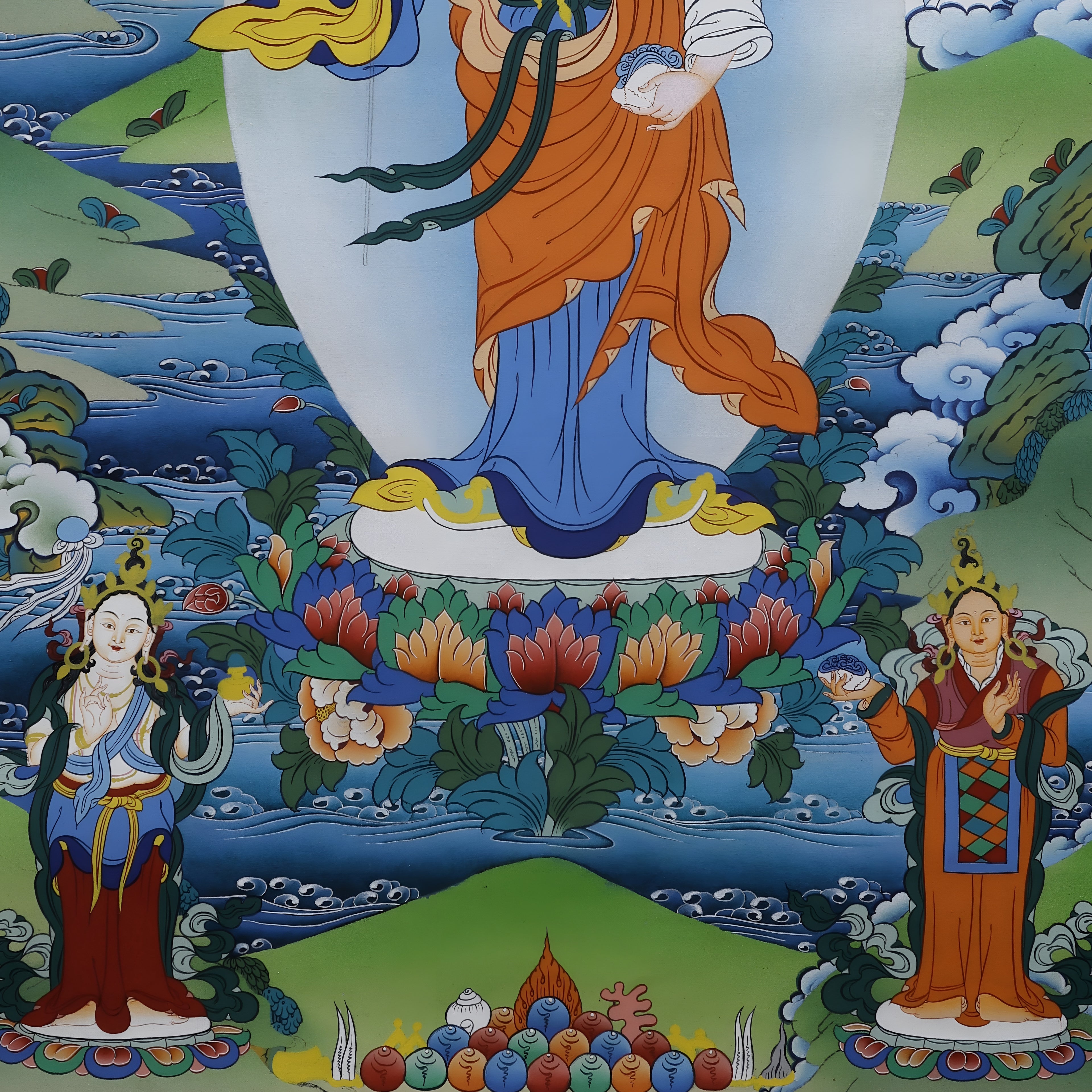 Guru Rinpoche Thangka, Lotus Born Master With Wisdom Dakinis