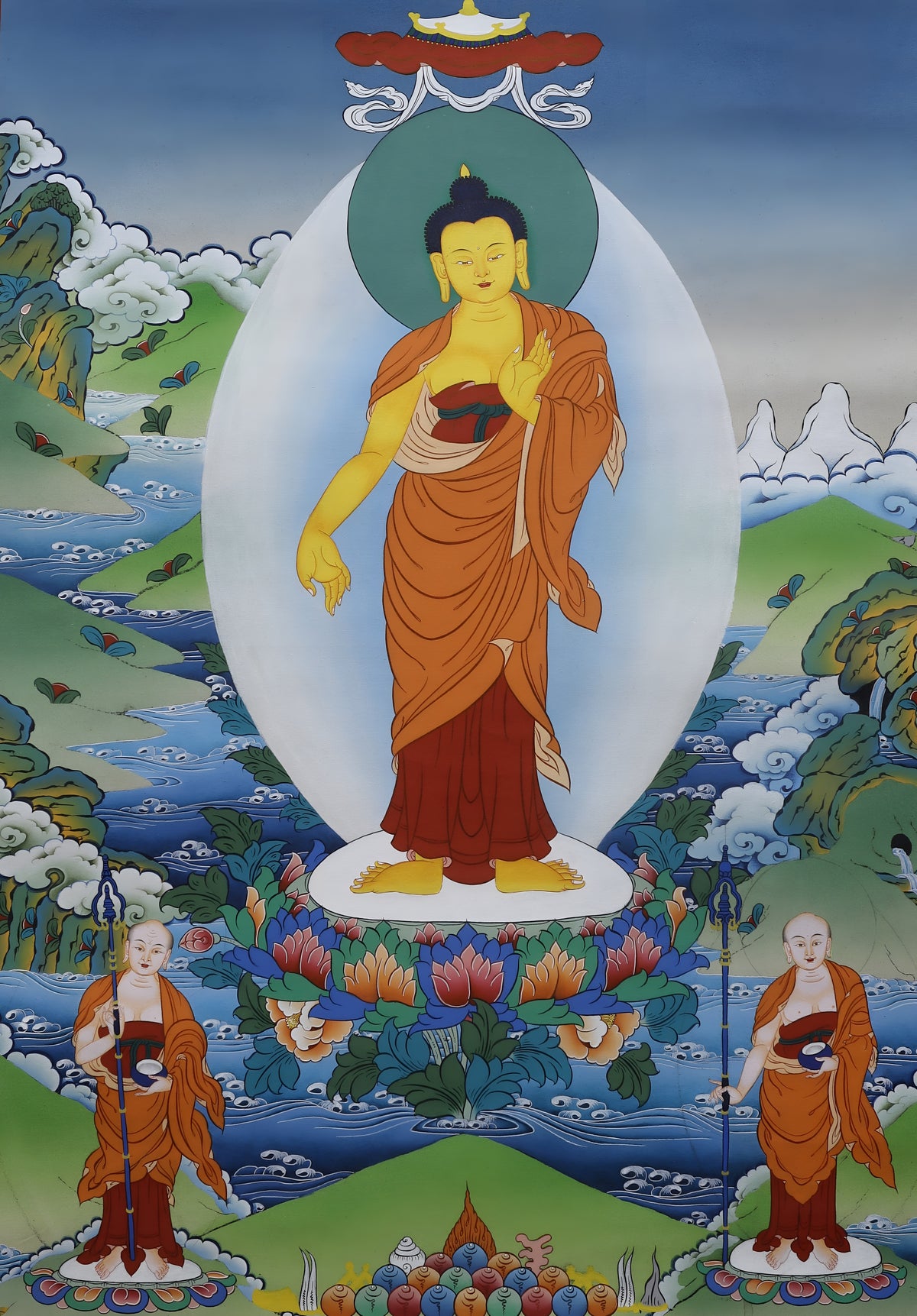 Shakyamuni Buddha Thangka With Shariputra And Maudgalyayana
