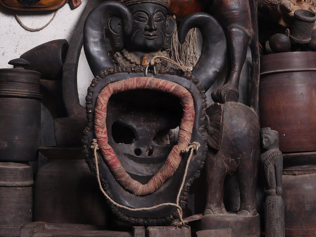 Tibetan Skull Demon King Mask With Water Buffalo Horn And Natural Stones
