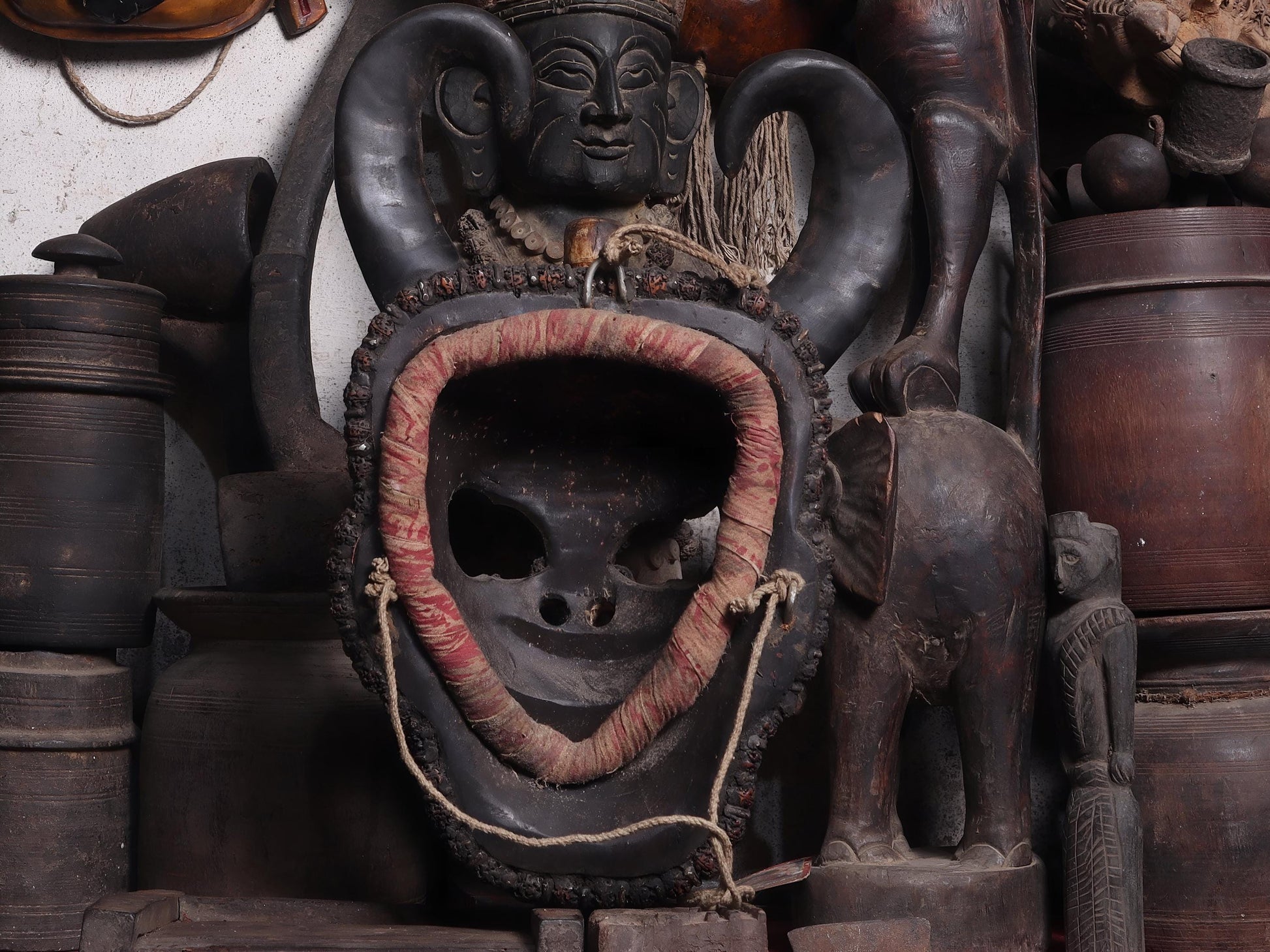 Tibetan Skull Demon King Mask With Water Buffalo Horn And Natural Stones