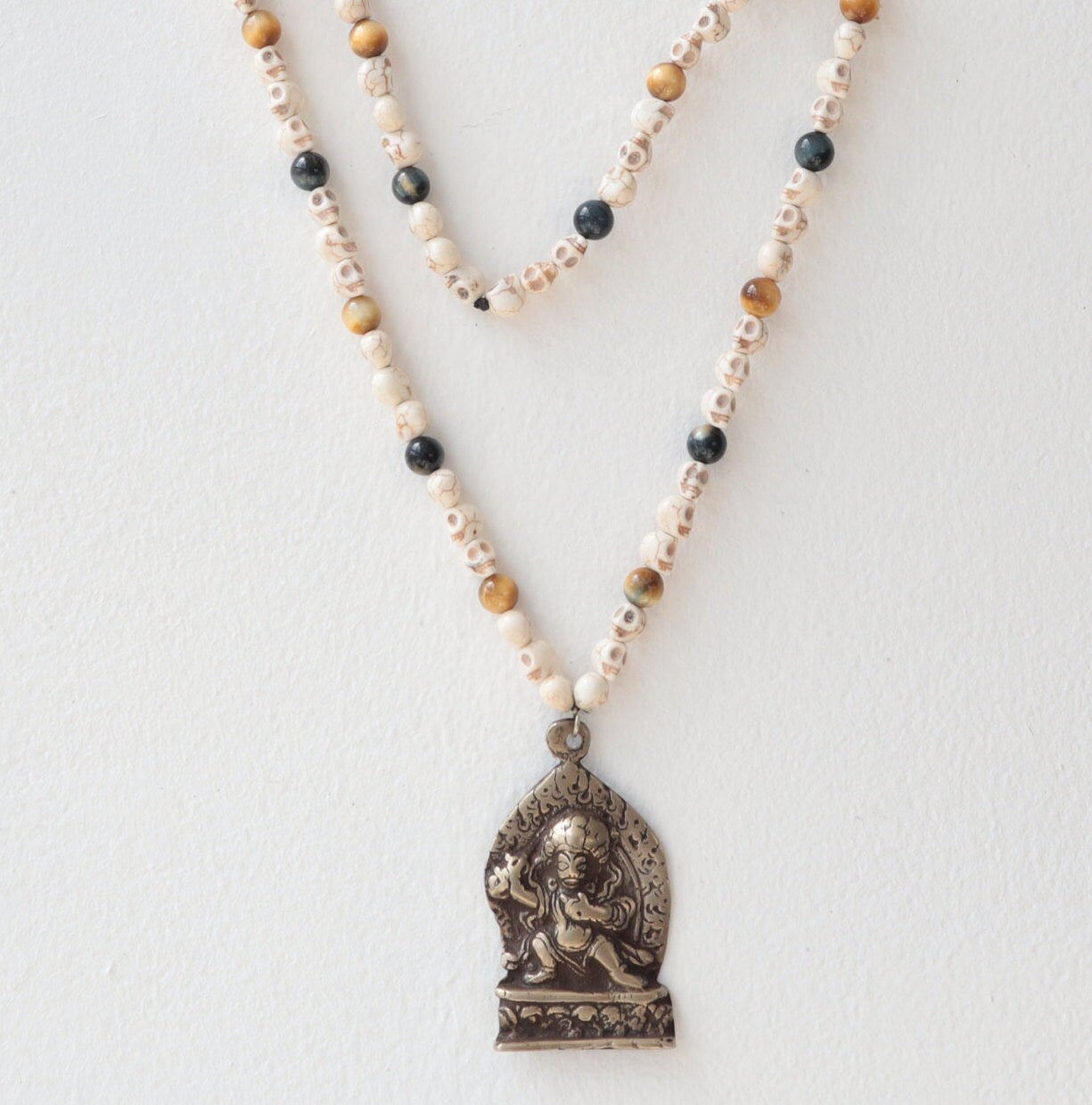 Vintage Bhairav Pendant Skull & Tiger Eye Mala