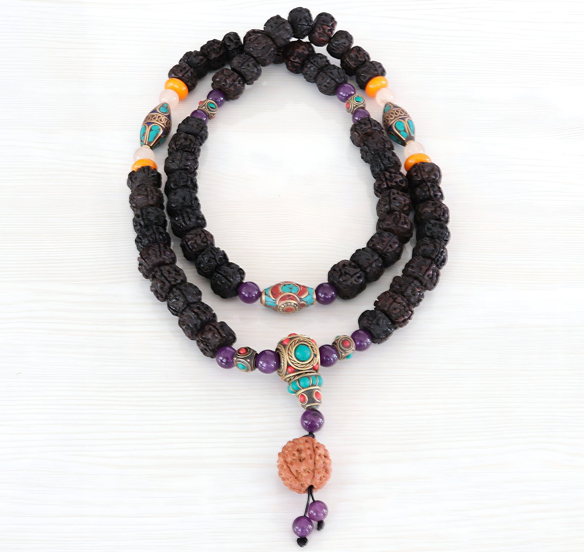 Tibetan Rudraksha Beads Mala With Natural Stones