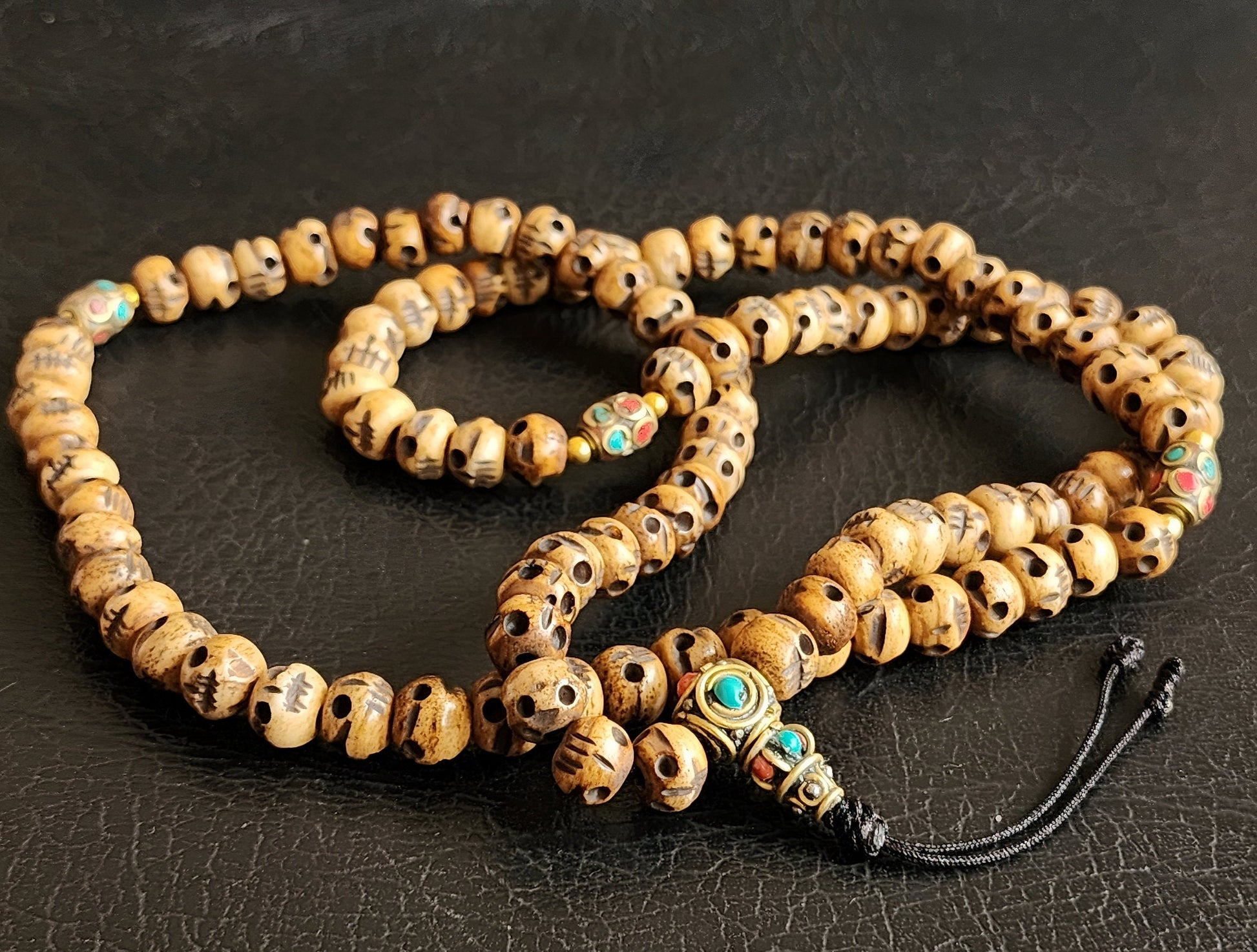 Tibetan Skull Bead Necklace Hand Carved 108 Bone Prayer Beads With Natural Stones