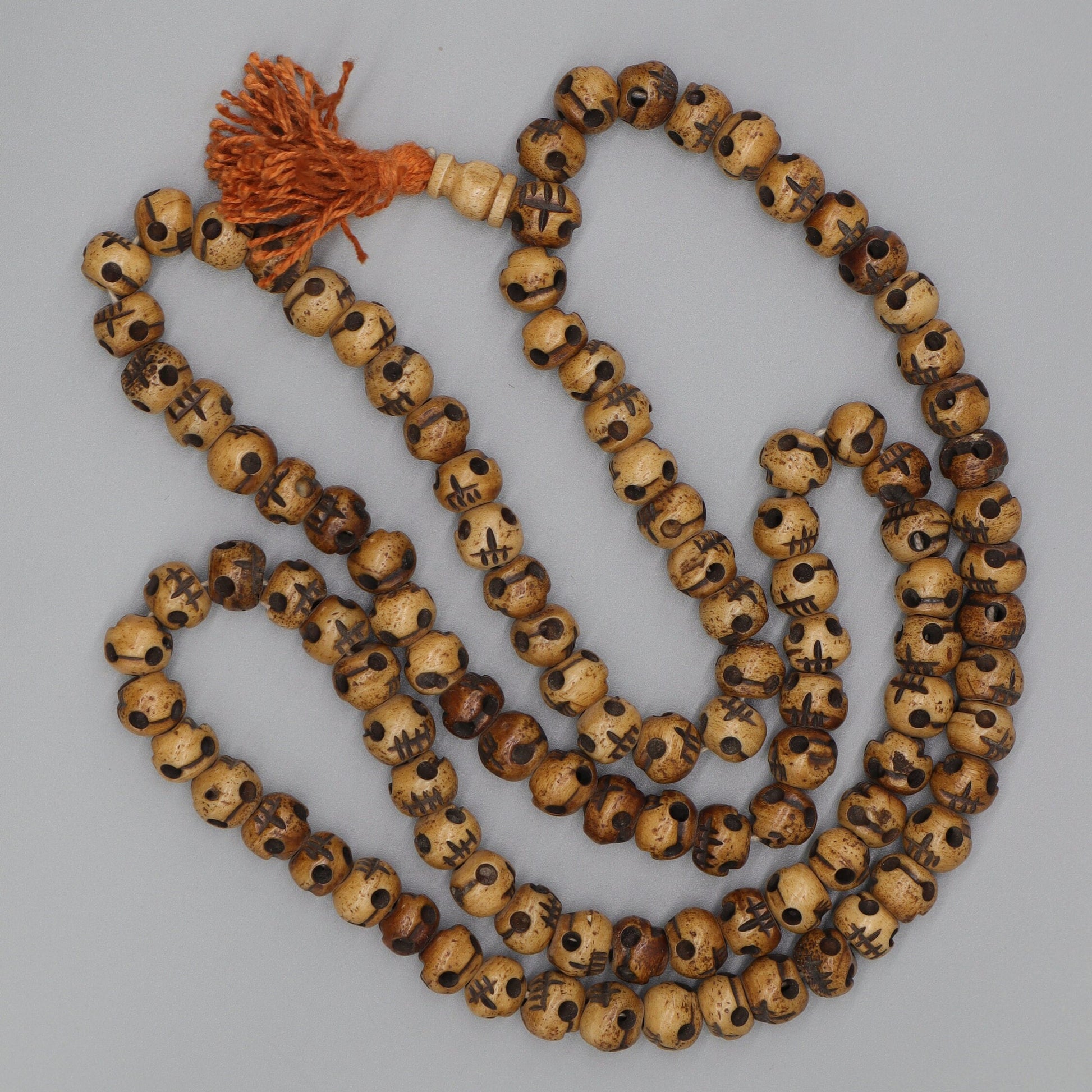 Tibetan Hand Carved Skull Beads, Kali Skull Mala, Skull Mala, 108 Beads Brown Prayer Beads, Meditation, Yoga, Handmade Skull Beads necklace