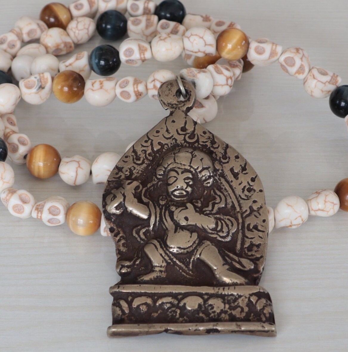Vintage Bhairav Pendant Skull & Tiger Eye Mala