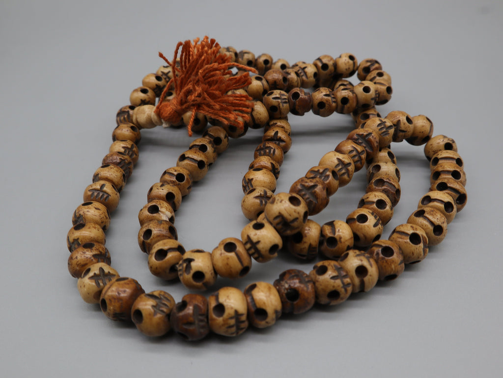 Tibetan Hand Carved Skull Beads, Kali Skull Mala, Skull Mala, 108 Beads Brown Prayer Beads, Meditation, Yoga, Handmade Skull Beads necklace