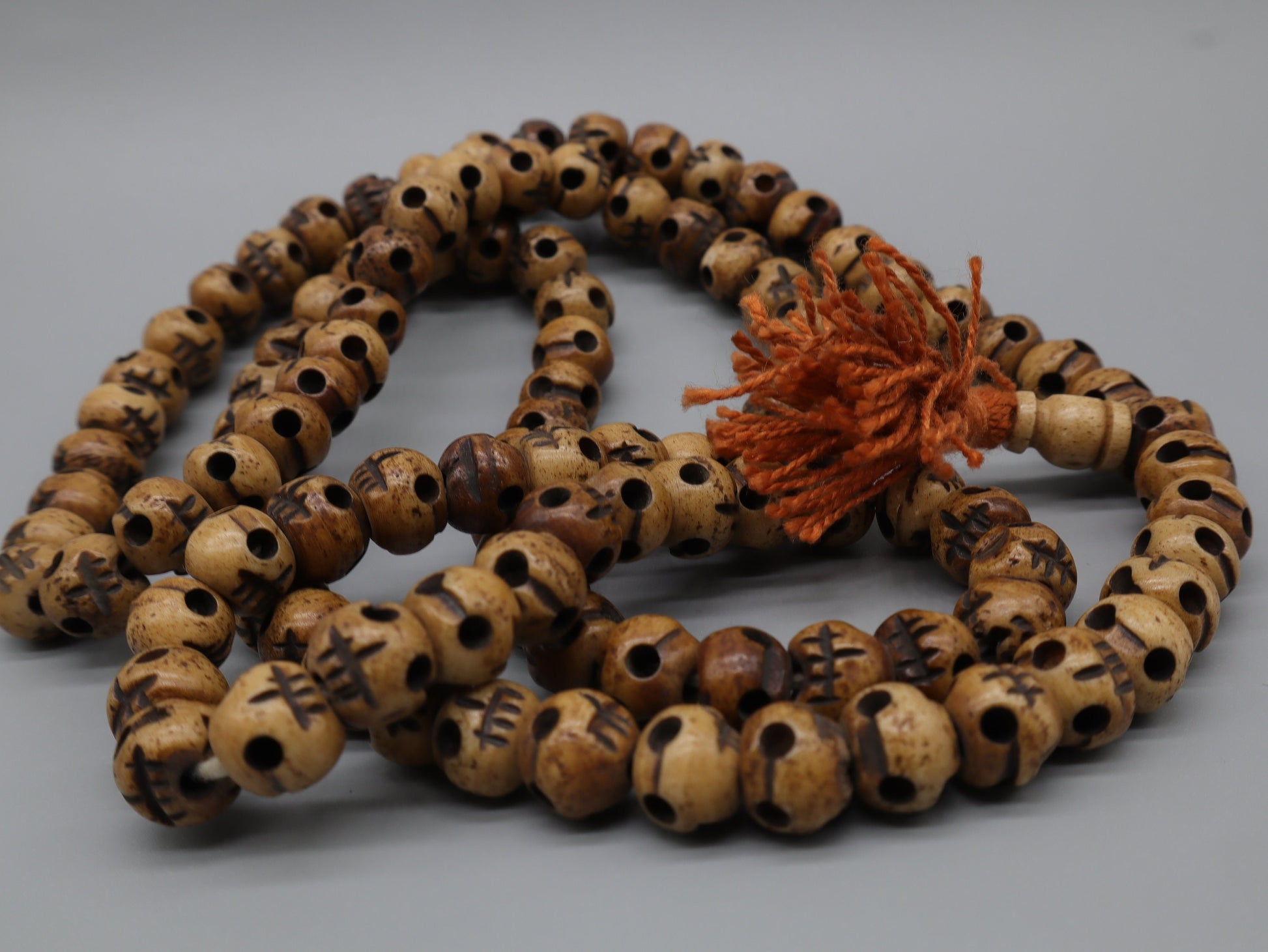 Tibetan Hand Carved Skull Beads, Kali Skull Mala, Skull Mala, 108 Beads Brown Prayer Beads, Meditation, Yoga, Handmade Skull Beads necklace