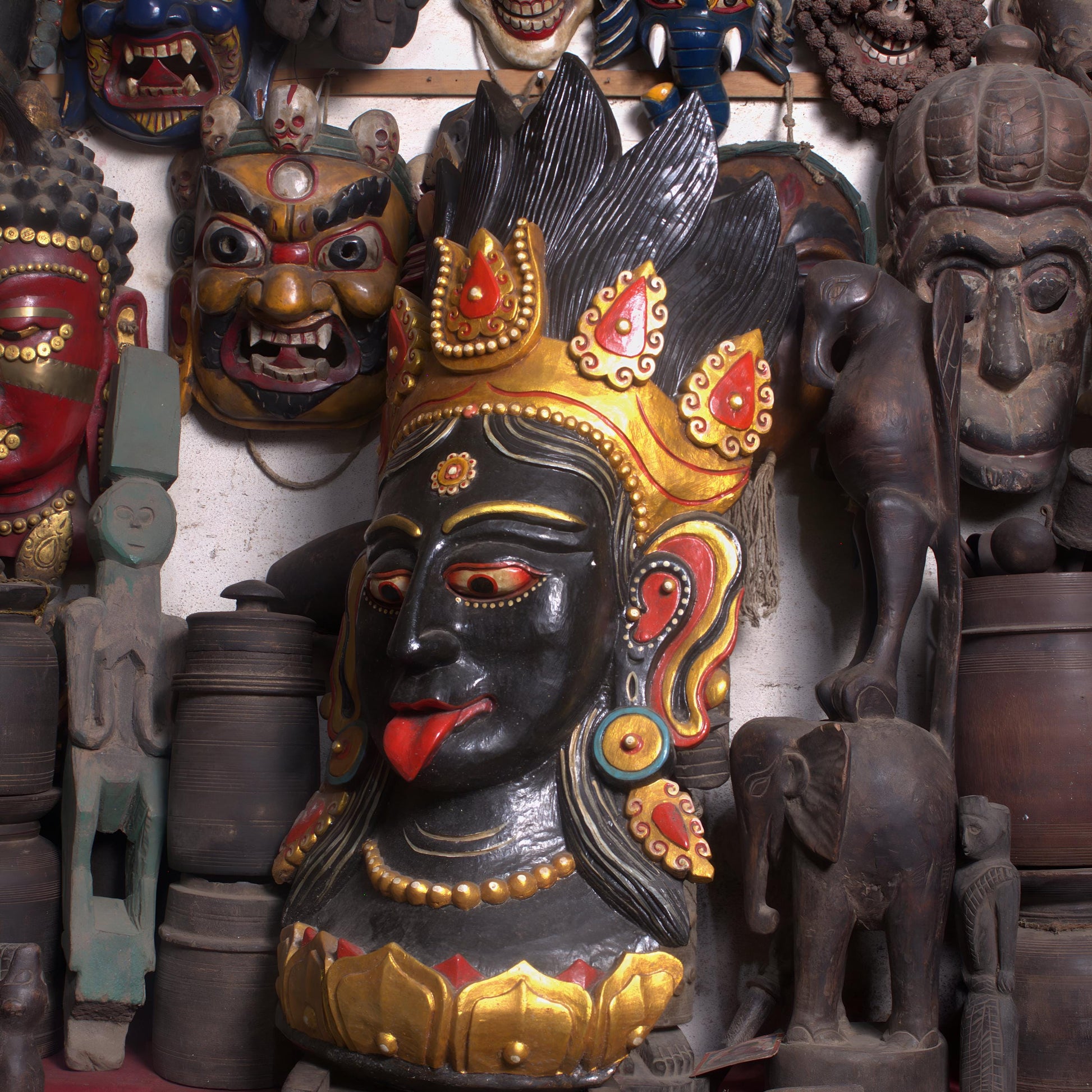 Ma Kali Vintage Wooden Mask, Sacred Kali Mata Wall Hanging Handmade By Tibetan Artisans, Powerful Ma Kali Energy Idol
