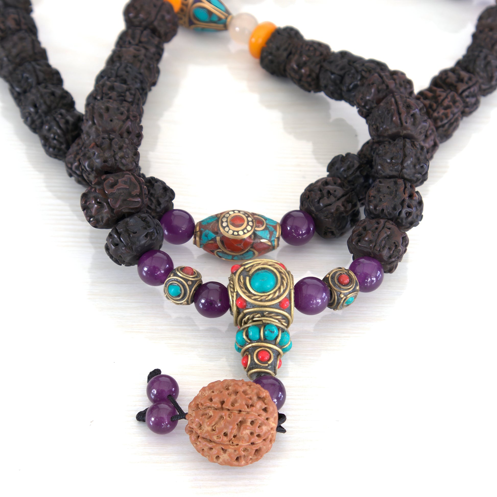 Tibetan Rudraksha Beads Mala With Natural Stones