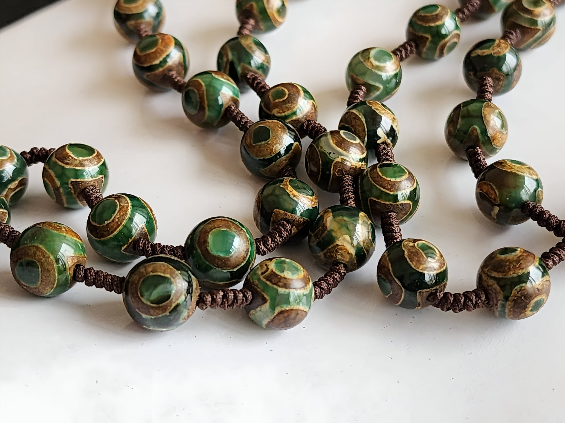 Tibetan 9 Eye Dzi Beads Necklace And Bracelet Set- Nine Eye Good Luck Mala - Yin & Yang Protection Bead Mala - Spiritual Gift For Well-Being