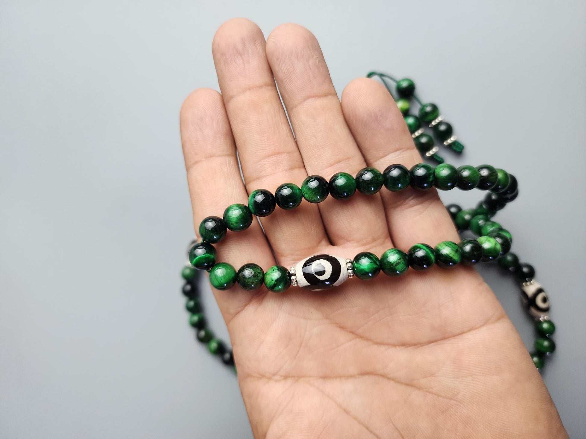 Green Tiger Eye And Dzi Beads Mala