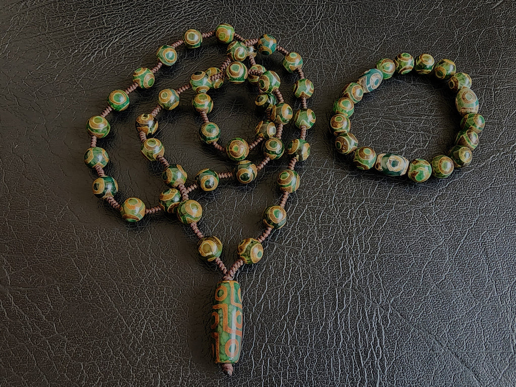 Tibetan 9 Eye Dzi Beads Necklace And Bracelet Set- Nine Eye Good Luck Mala - Yin & Yang Protection Bead Mala - Spiritual Gift For Well-Being