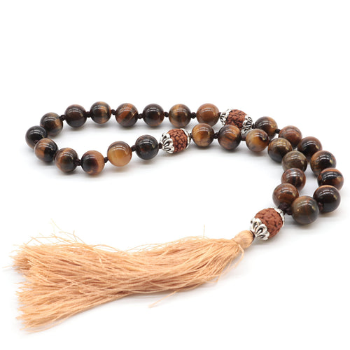27 beads Knotted Tiger Eye Travel Mala Prayer Beads, Mini Pocket Mala, Tiger Eye & Rudraksha Prayer Beads, Meditation, Silk Tassel