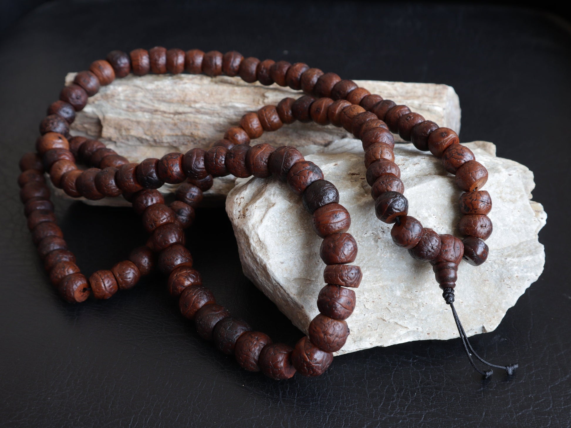 Tibetan Bodhi Seed Mala, Aged Dark Phoenix Eye Buddhist Japa Prayer Beads, Free Bodhi Bracelet
