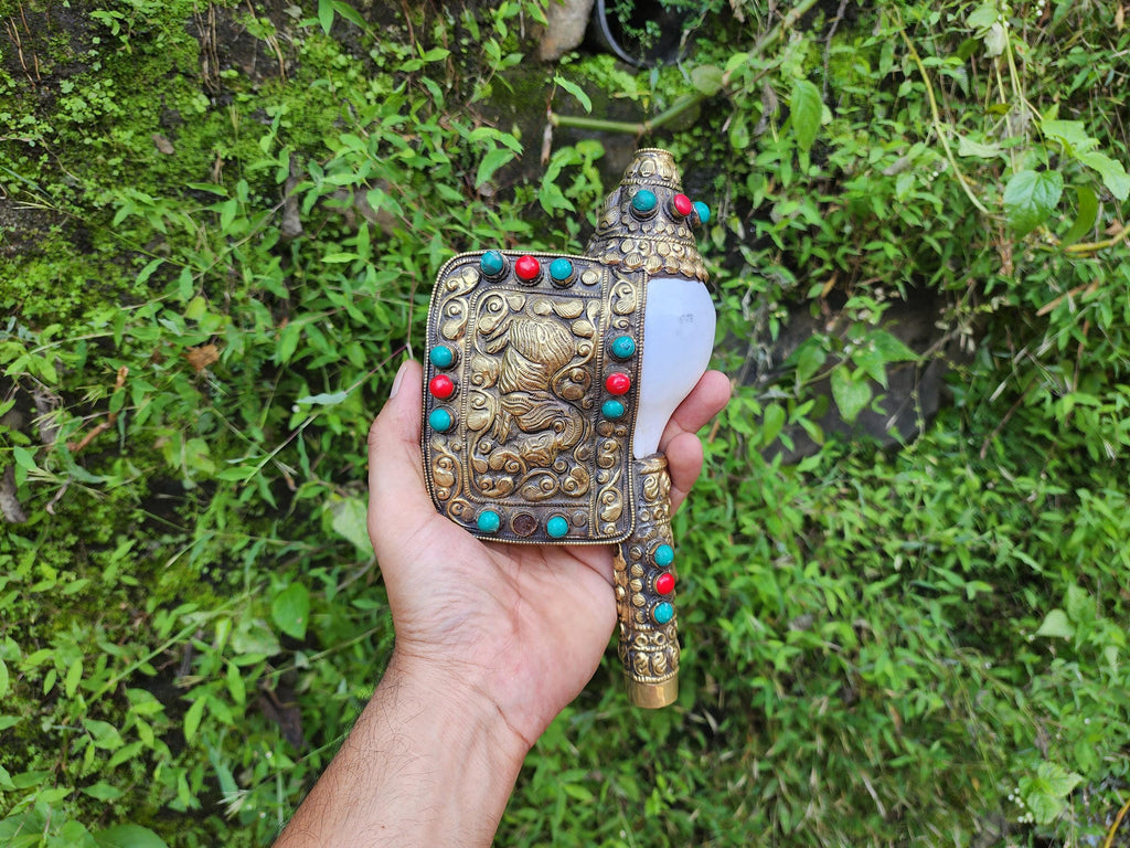 Tibetan Vajra Conch Shell With Intricate Handcrafted Artistry