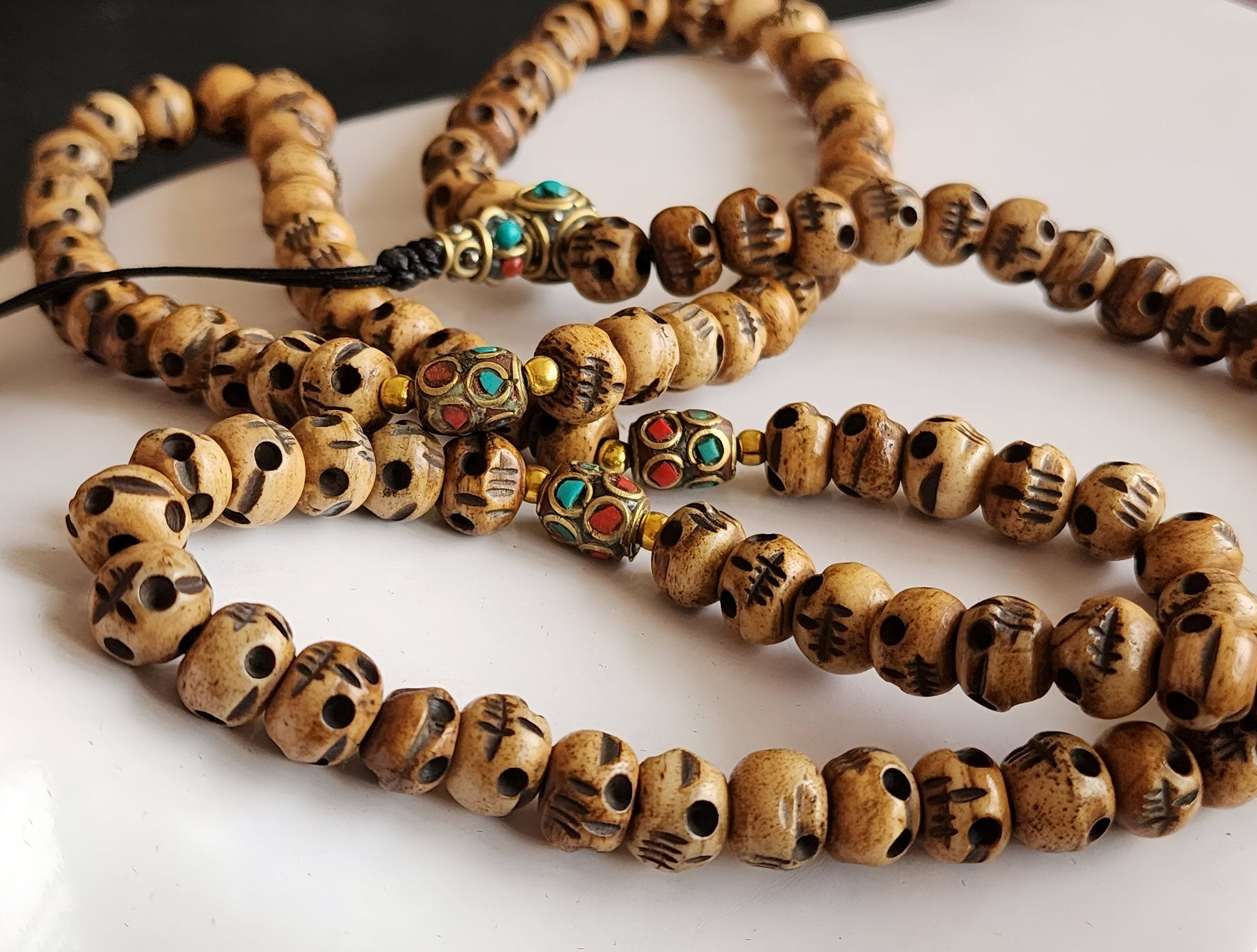 Tibetan Skull Bead Necklace Hand Carved 108 Bone Prayer Beads With Natural Stones