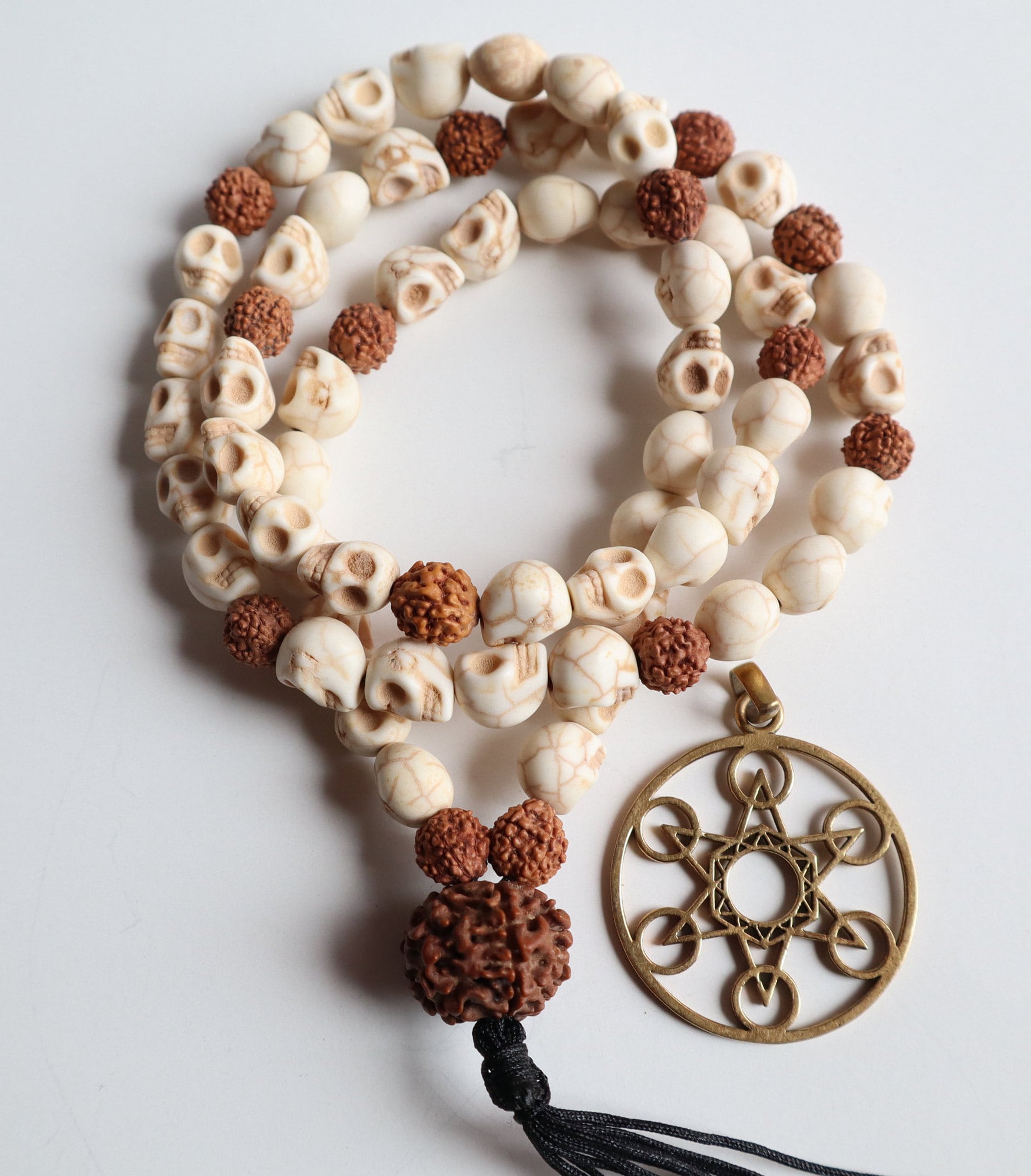 Om Kali Mala: Howlite Skull & Rudraksha Seed Necklace