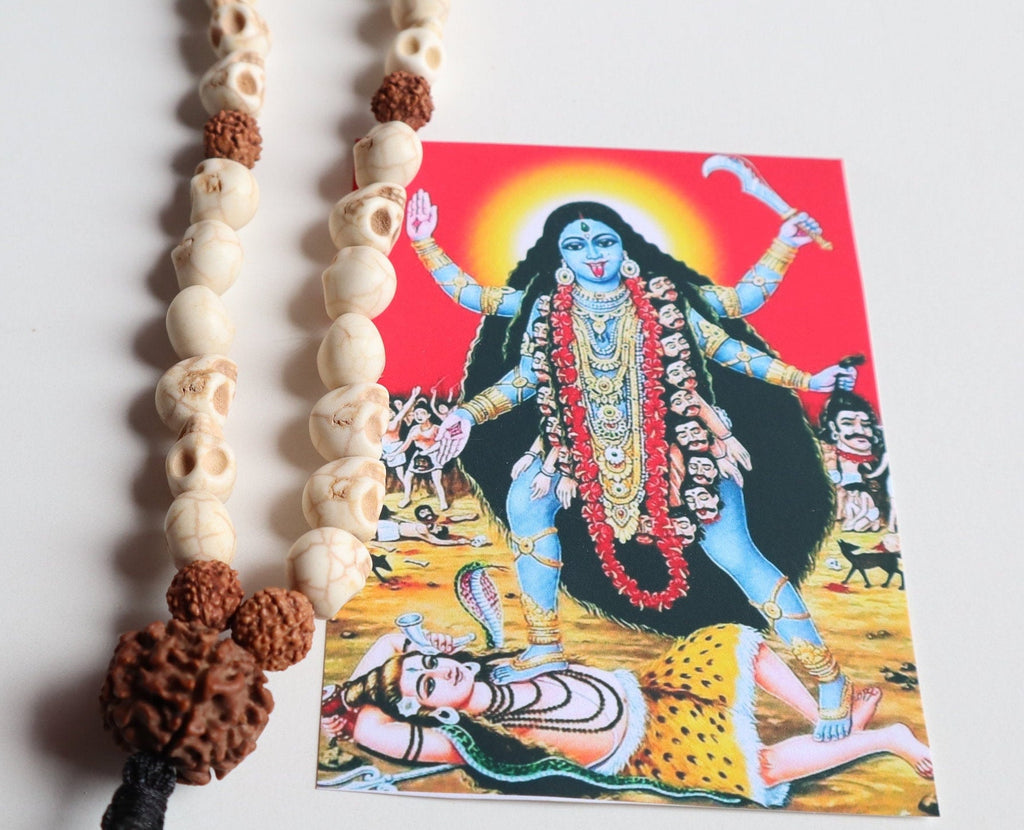 Om Kali Mala, Howlite Skull & Rudraksha Beads Necklace