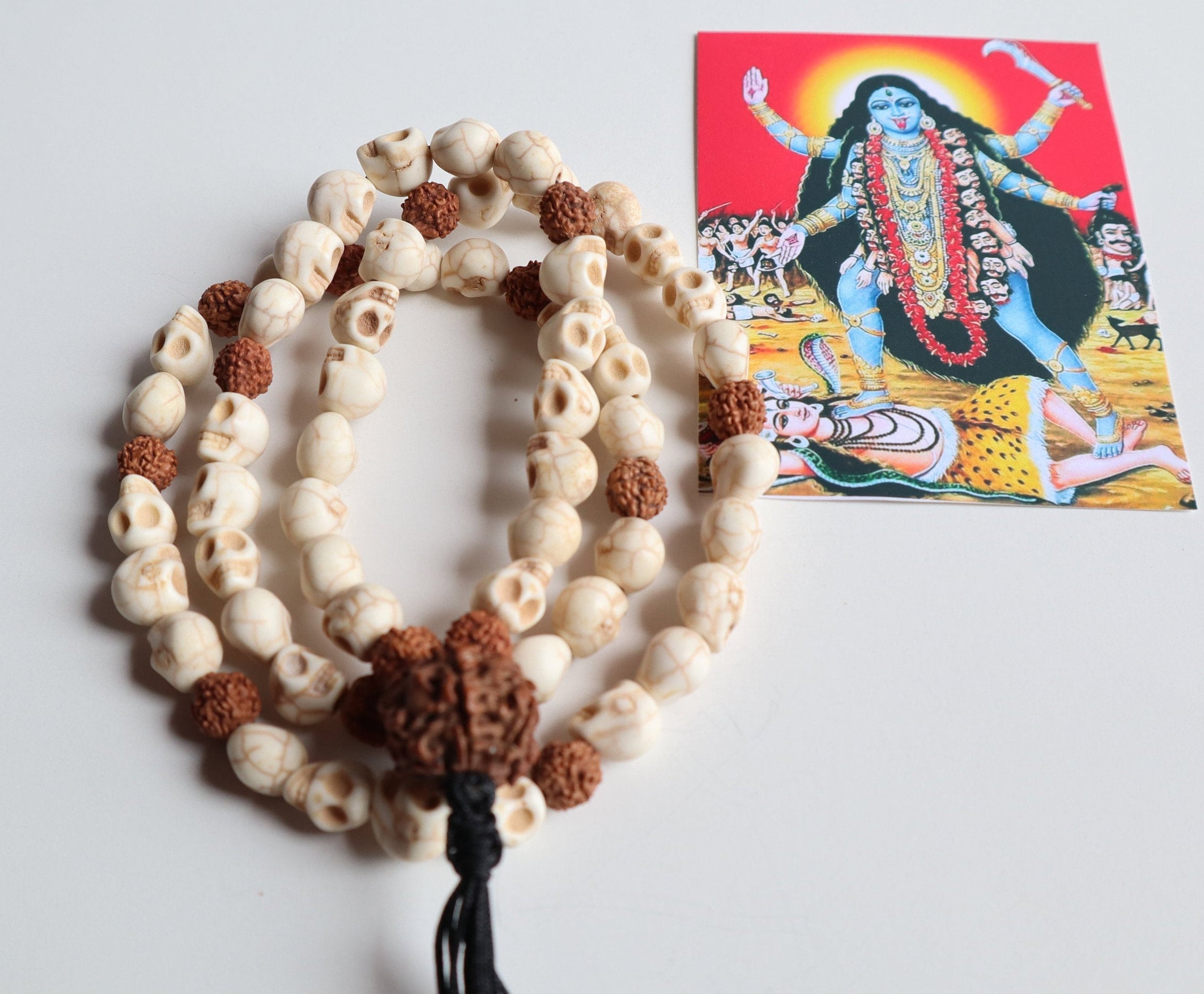 Om Kali Mala, Howlite Skull & Rudraksha Beads Necklace