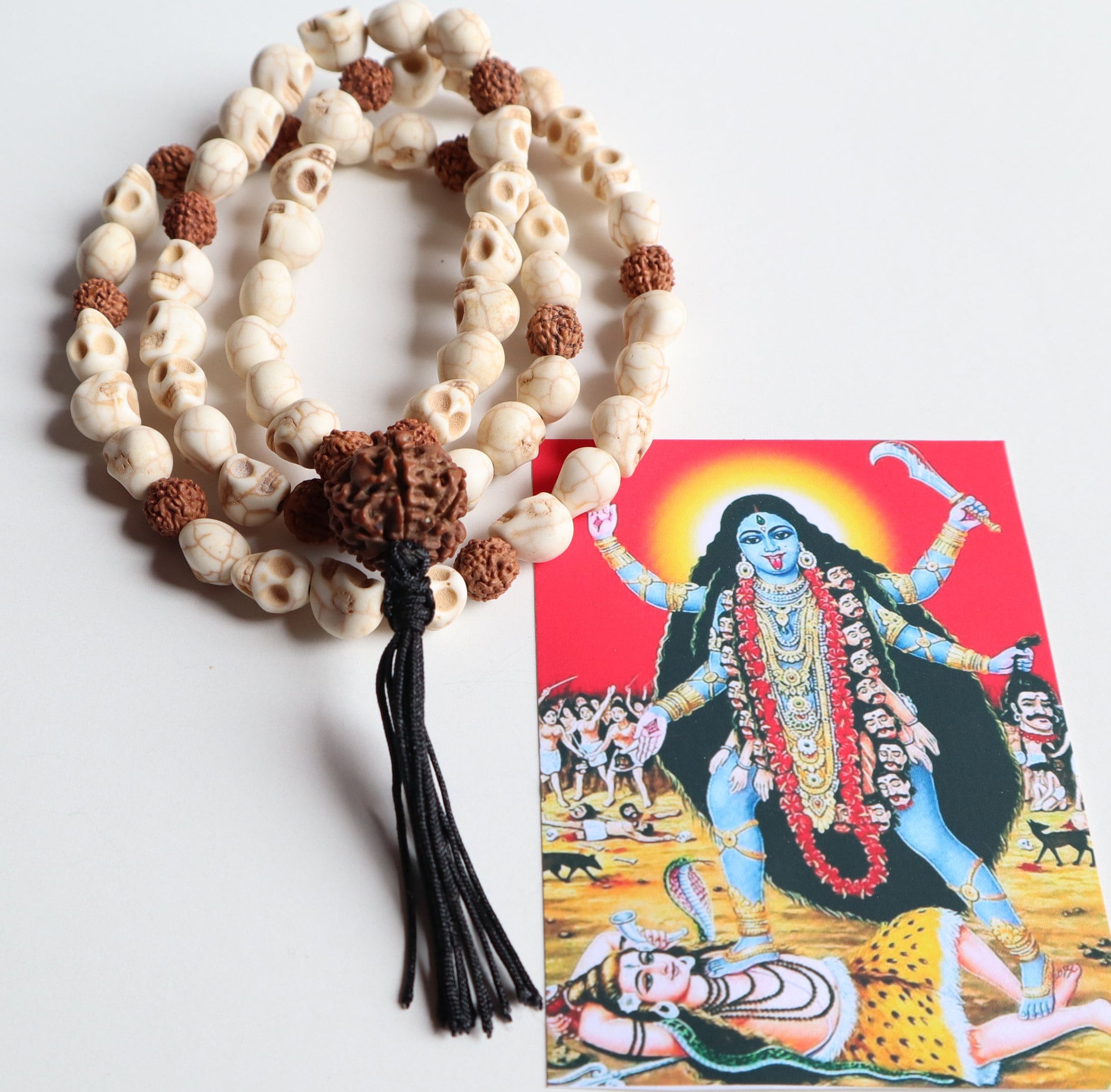 Om Kali Mala, Howlite Skull & Rudraksha Beads Necklace