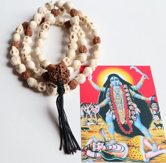 Skull mala prayer beads with Rudraksha accents next to a Goddess Kali image