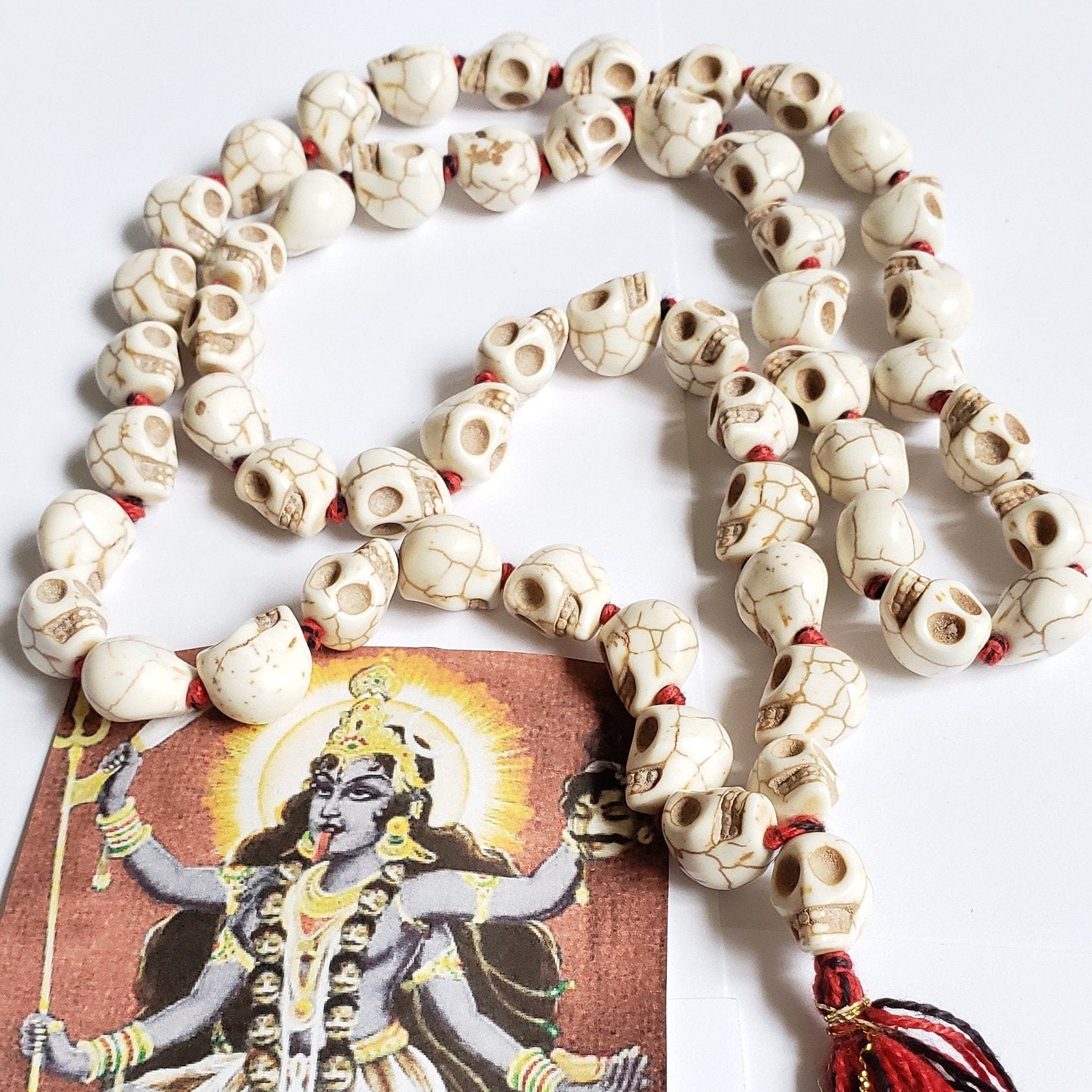 Sacred Kali Skull Mala Necklace: Howlite Stone, Hand-Knotted Meditation Rosary
