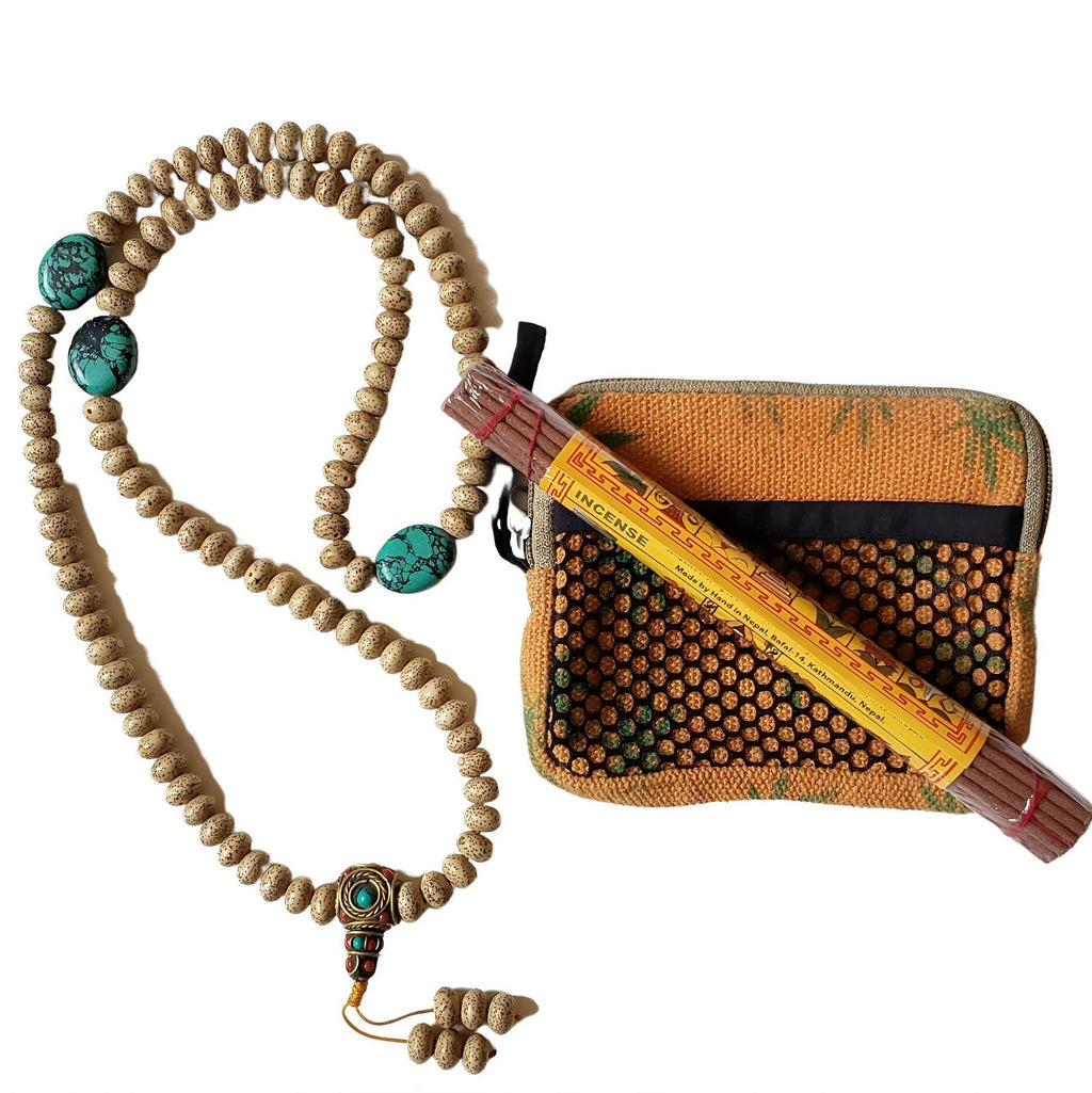 Tibetan Lotus Seed Mala, Natural Turquoise as Spacer