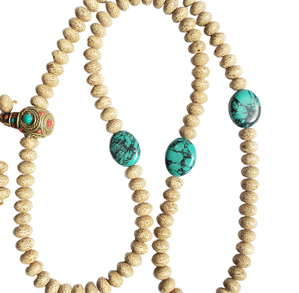 Tibetan Lotus Seed Mala, Natural Turquoise as Spacer