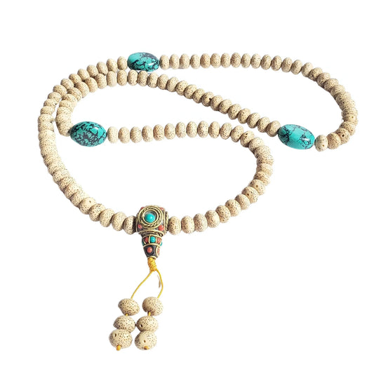 Bodhi seed mala necklace with turquoise beads and an ornate decorative guru bead